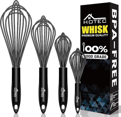 HOTEC 4 Pieces Silicone Whisks Set, Wire Balloon Whisks Egg Beater, Non-slip Handle Whisk for Non-stick Cookware Perfect for Cooking, Stirring, Beating and Blending (Black) by Hotec