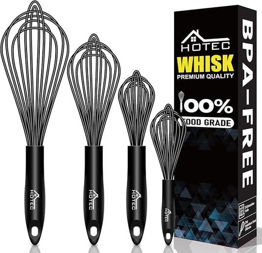 HOTEC 4 Pieces Silicone Whisks Set, Wire Balloon Whisks Egg Beater, Non-slip Handle Whisk for Non-stick Cookware Perfect for Cooking, Stirring, Beating and Blending (Black) by Hotec