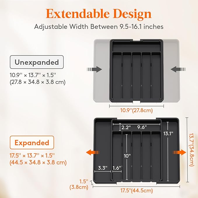 Lifewit Silverware Drawer Organizer, Expandable Utensil Tray for Kitchen, BPA Free Flatware and Cutlery Holder, Adjustable Plastic Storage for Spoons Forks Knives, 11-18 x 14", Black - Image 4