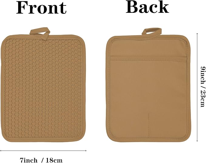 Oven Pot Holder with Pocket Cotton Heat Resistant Coaster Potholder Kitchen Hot Pad Oven Mitts for Cooking and Baking Square 7"x9" (Khaki, Silicone) - Image 2