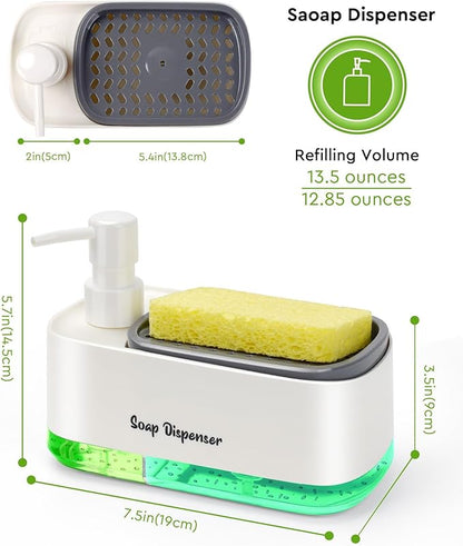 5-in-1 Kitchen Soap Dispenser Set with Sponge Holder - Dual Hand & Dish Soap Pump Dispenser for Sink Countertop with 2-Packs Natural Loofah Dish Sponge Dishwashing Scrubber,White - Image 2