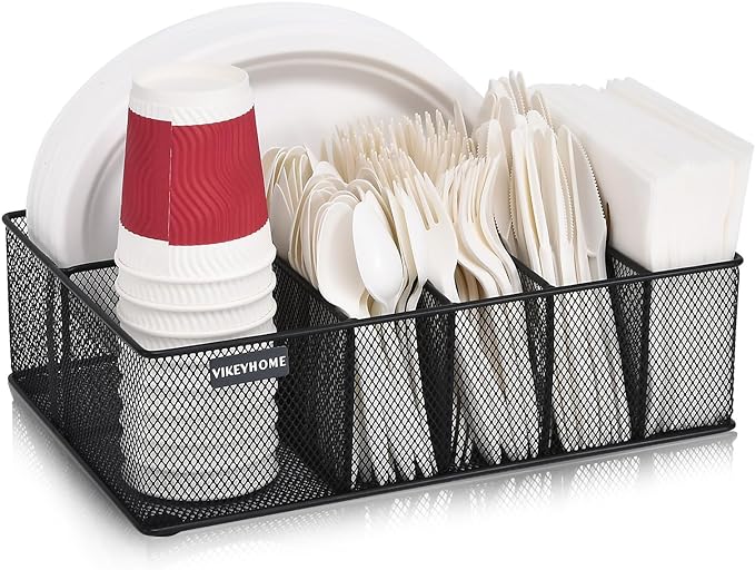 VIKEYHOME Paper Plate Organizer for Countertop, Metal Silverware Caddy with 6 Compartments for Cup, Napkin, Utensil Holder Caddy for Party, Camping, Picnic - Image 2