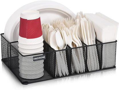 VIKEYHOME Paper Plate Organizer for Countertop, Metal Silverware Caddy with 6 Compartments for Cup, Napkin, Utensil Holder Caddy for Party, Camping, Picnic - Image 2