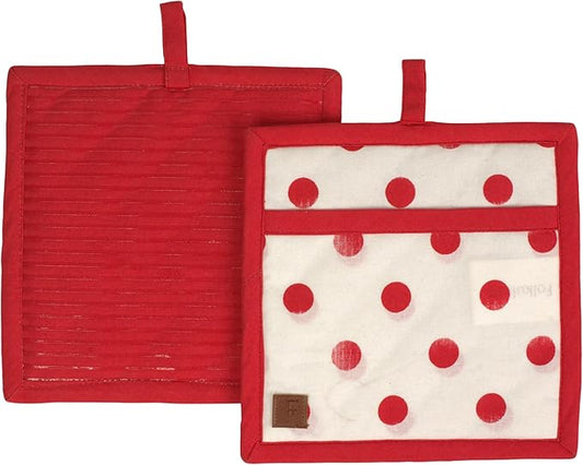 Folkulture Pot Holders for Kitchen | Pack of 2 (8x8) Ribbed Soft Silicone Hot Pads | 100% Cotton Red Cute Oven Pot Holders Set | Heat Resistant, Non Slip | Cooking Gifts, Polka Dot