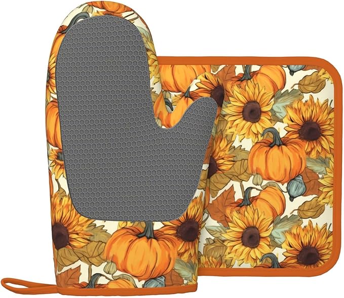 Fall Pumpkin Sunflower Silicone Oven Mitts Pan Mats Set of 2, Heat Resistant Gloves Potholder with Non-Slip Grips Hanging Loops Pot Holder, Spring Summer for Chef Cooking, Baking, Grilling, BBQ