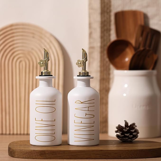 HOMCDALY Premium Olive Oil Dispenser for Kitchen, 11.8oz Glass Oil Bottles with Bamboo Tray, White and Gold Oil&Vinegar Cruet Set, Kitchen Dispenser Bottles with Pourer| Set of 2 (11.8oz –P–Gold) - Image 6