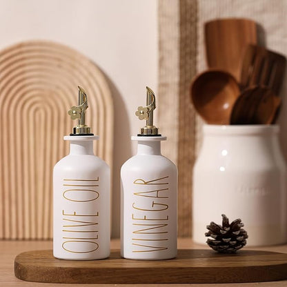 HOMCDALY Premium Olive Oil Dispenser for Kitchen, 11.8oz Glass Oil Bottles with Bamboo Tray, White and Gold Oil&Vinegar Cruet Set, Kitchen Dispenser Bottles with Pourer| Set of 2 (11.8oz –P–Gold) - Image 6