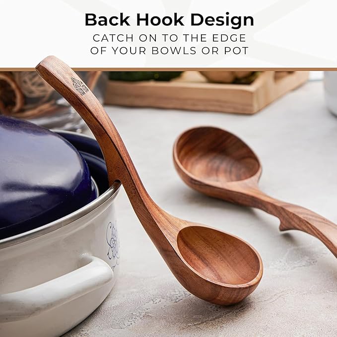 Wooden Ladle for Soup, 3 Size Teak Wood Ladle Spoon with Back Hooks for Pot & Bowl, Non-Stick Wooden Spoon Set for Cooking, Serving and Stirring - Image 5