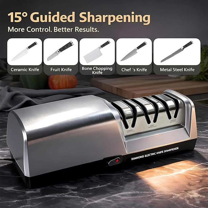 Electric Knife Sharpener for Kitchen, 3-Stage Professional Kitchen Knife Sharpener with 15° Precision Angle Guide, Fast & Portable Stainless Steel Grinding Tool for Sharpening, Repairing & Polishing - Image 4