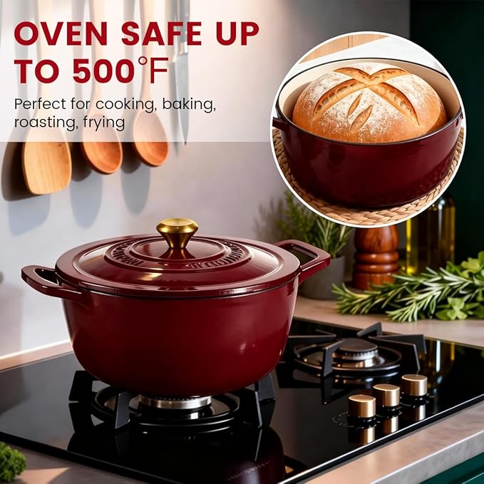 Enameled Cast Iron Dutch Oven - JINCHUFURI 5 Quart Cast Iron Dutch Oven Enameled Oven with Lid for Sourdough Bread Baking, Pre-Seasoned Pot Oven Safe - Image 3