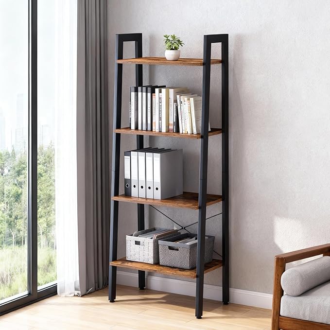 DUMOS Ladder Shelf, 4-Tier Display Bookshelf, Industrial Style Storage Standing Shelf, Decorative Shelves with Stable Frame for Living Room, Bedroom, Office, Kitchen, Bathroom, Brown - Image 2