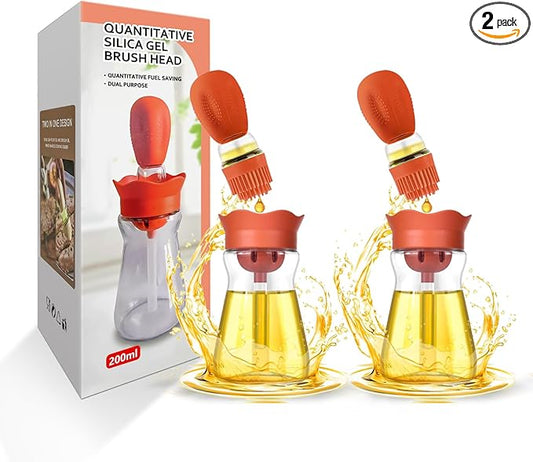 Oil Dispenser with Brush-2Pack 7oz/200ML 2 IN 1 Glass Cooking Oil Dispenser Bottle with Silicone Basting Brush for Kitchen, Oil Storage and Container for Cooking BBQ, Vinegar, Sauce, Air Fryer- Orange