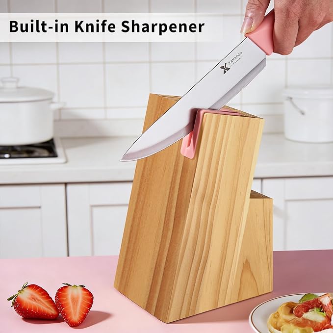 XANAPON 14-Piece Kitchen Knife Set with Block, High Carbon Stainless Steel Sharp Chef Knives with Built-in Sharpener, Ergonomic Handles, Professional Cutlery for Home Cooking & Gifts, Pink - Image 5