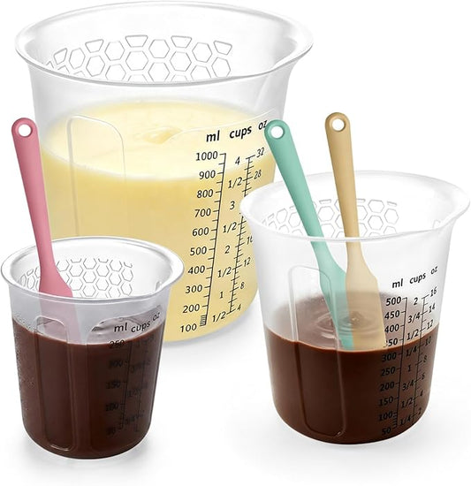 Palksky Silicone Measuring Cups Set 1-Cup & 1-Cup & 2-Cup with 3PCS Jar Spatula, Microwave Safe, Honeycomb Heat-Control Grip, Easy-Read Liquid Measuring for Baking, Cooking & Chocolate Melting