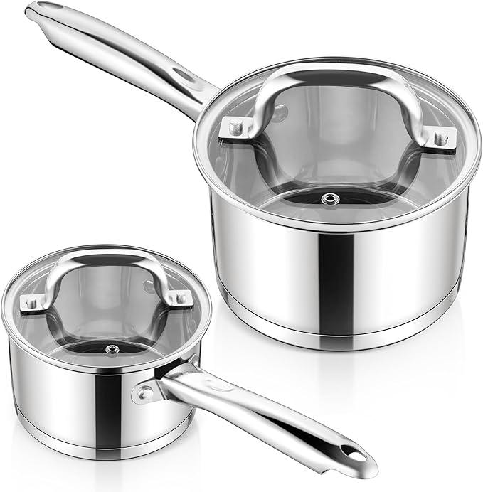 E-far Stainless Steel Saucepan with Lid Set - 2QT & 3QT, Triply Sauce Pan Induction Pot for Cooking, Boiling, Compatible with All Stoves, Visible Lid, Healthy & Non Toxic, Oven & Dishwasher Safe by E-far