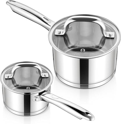 E-far Stainless Steel Saucepan with Lid Set - 2QT & 3QT, Triply Sauce Pan Induction Pot for Cooking, Boiling, Compatible with All Stoves, Visible Lid, Healthy & Non Toxic, Oven & Dishwasher Safe by E-far