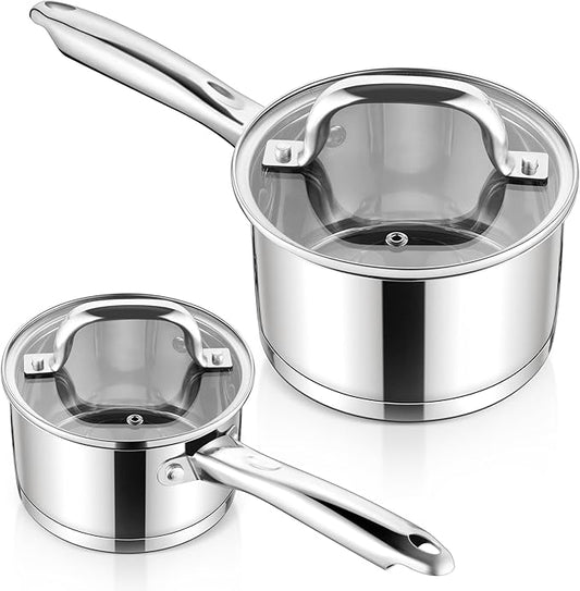 E-far Stainless Steel Saucepan with Lid Set - 2QT & 3QT, Triply Sauce Pan Induction Pot for Cooking, Boiling, Compatible with All Stoves, Visible Lid, Healthy & Non Toxic, Oven & Dishwasher Safe by E-far