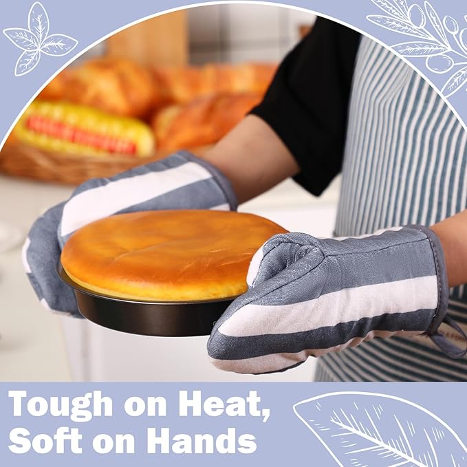 Reallnaive Oven Mitts and Pot Holders 4 Pcs Set for Kitchen, Stripe Cotton Oven Mitten Gloves Hot Pads Heat Resistant 500°f Outdoor Indoor Garden Baking Cooking BBQ Gift Hanging Loop, Beige (Gray) - Image 5