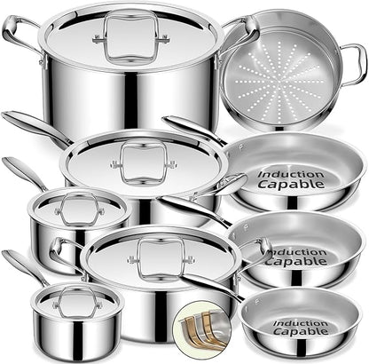 Umite Chef Stainless Steel Cookware Set, 5 Ply 14 Piece Stainless Steel Pot and Pan Set-Induction, Heavy Chef Quality, Oven Safe | Professional Kitchen Cooking Appliances, PFOA, PTFE & PFOS Free - Image 9