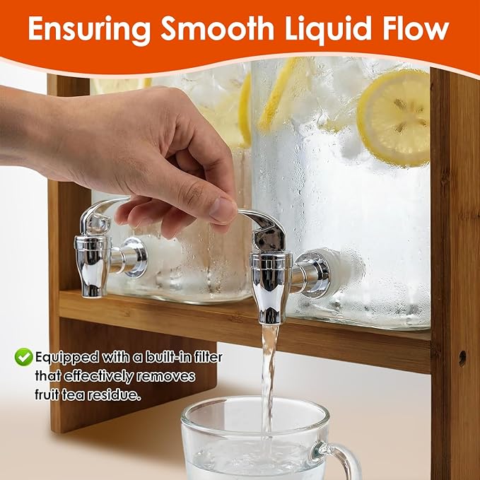 2 PCS 1.2 Gallon Drink Dispenser, Glass Beverage Dispenser with Wood Stand and Detachable Food Platter, Party Drink Dispensers for Lemonade, Juice, Tea, Ice Coffee - Image 5