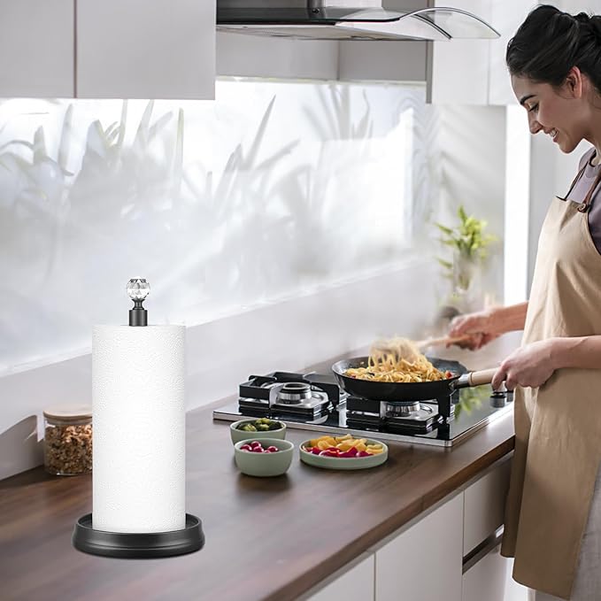 KASUNTO Crystal Head Paper Towel Holder - Steel Countertop Stand for Kitchen, Bars & Dining Tables - Fits Standard & Jumbo Rolls - Matte Black - Image 4