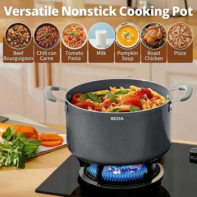 8 Quart Nonstick Stock Pot with Lid - BEZIA Ceramic Large Soup Pot for Family Cooking, Induction Ready, Stay-Cool Silicone Handles, Easy Cleanup, Perfect for Stews, Pasta & Batch Cooking - Image 5