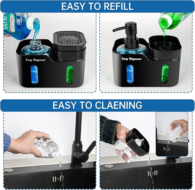 Hand Soap and Dish Soap Dispenser Set for Kitchen, Dual Soap Dispenser with Sponge Holder and Dishcloth Holder 4-in-1 Organizer for Kitchen Sink Countertop, Useful Kitchen Gadgets (Black) - Image 6