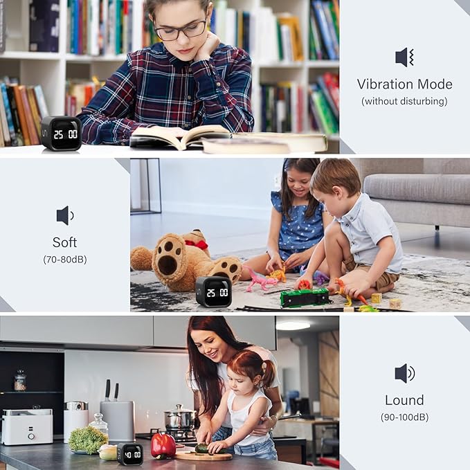 Rotating Pomodoro Timer 5, 25, 10 50 Minutes Preset, Desk Productivity Flip Timer, ADHD Tool Cube Countdown Stopwatch, Vibration/High/Low Volume/Custom Modes, for Work, Study, Back to School, Kitchen - Image 6