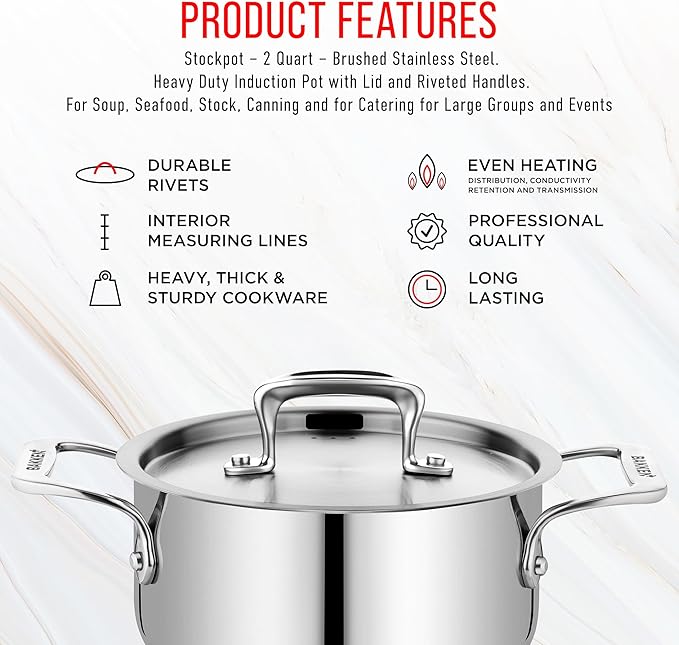 Stainless Steel Stockpot with Lid 2 Quart, Durable 18/8 Stainless Steel, Impact-Bonded Base for Even Heating, Riveted Handles, Oven & All Stove Compatible, Safe Up To 500°F (260°C) - Image 7