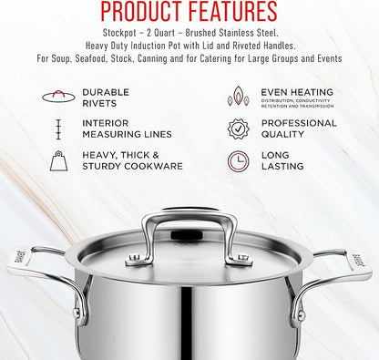 Stainless Steel Stockpot with Lid 2 Quart, Durable 18/8 Stainless Steel, Impact-Bonded Base for Even Heating, Riveted Handles, Oven & All Stove Compatible, Safe Up To 500°F (260°C) - Image 7