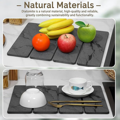 Small Stone Dish Drying Mat for Kitchen Counter, 2 PCS 16"×12" & 8"x4" Quick Dry Stone Mats, Foldable Water Absorbing Diatomite Drying Dish Pad for Countertop Bottles Utensils Cups(Dark Gray Ink) - Image 8
