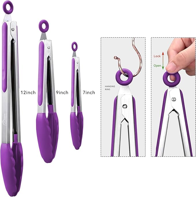 HOTEC Premium Stainless Steel Locking Kitchen Tongs with Silicon Tips, Set of 3-7", 9" and 12" (Purple) - Image 8