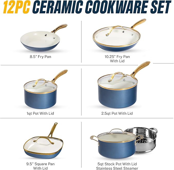 Gotham Steel 12 Pc Ceramic Cookware Set Nonstick, Ceramic Pots and Pans Set Non Stick with Steamer for Cooking, Non Toxic PFOA PFOS Free, Premium Stay Cool Handles, Oven & Dishwasher Safe - Image 2