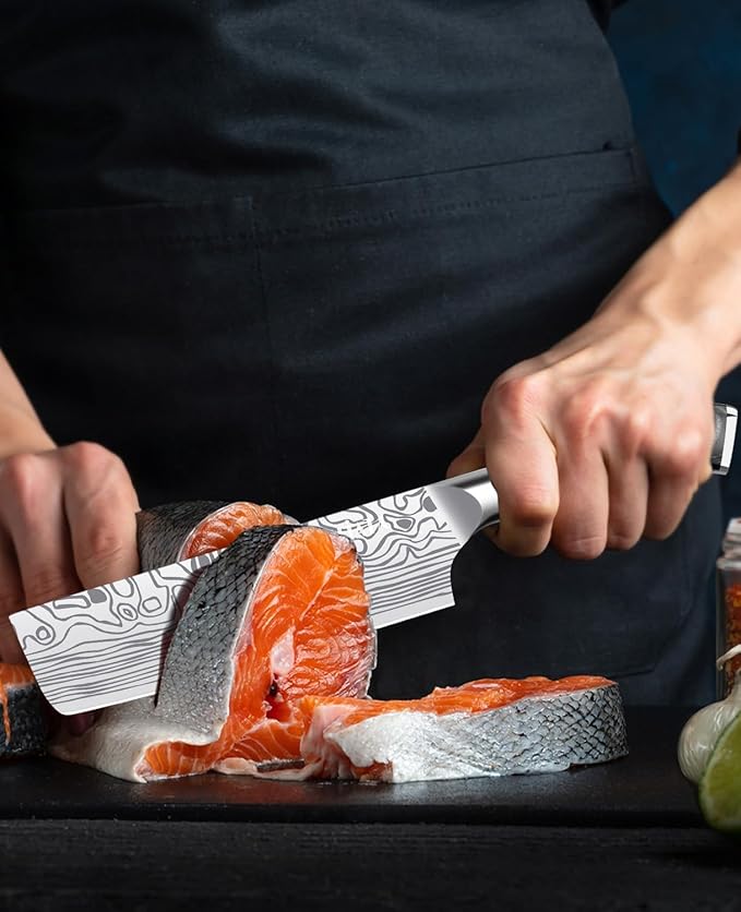 MOSFiATA 7” Nakiri Chef's Knife with Finger Guard, German High Carbon Stainless Steel EN1.4116 Vegetable Knife, Multipurpose Kitchen Knife with Micarta Handle in Gift Box - Image 6
