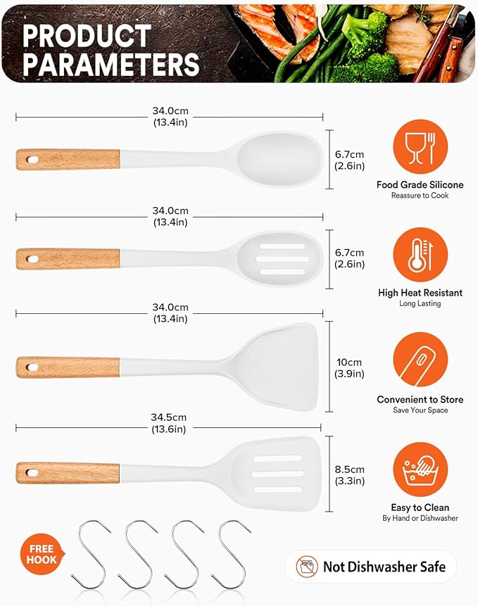 Silicone Cooking Utensils Set, Perfectly Angled for Frying, Mixing,Serving,Draining,Turning and Stirring, BPA-Free Matte Silicone, Wood Handles, Safe for Nonstick Cooking Surfaces,4 Pack (White) - Image 2