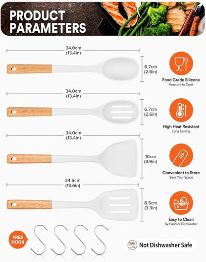 Silicone Cooking Utensils Set, Perfectly Angled for Frying, Mixing,Serving,Draining,Turning and Stirring, BPA-Free Matte Silicone, Wood Handles, Safe for Nonstick Cooking Surfaces,4 Pack (White) - Image 2