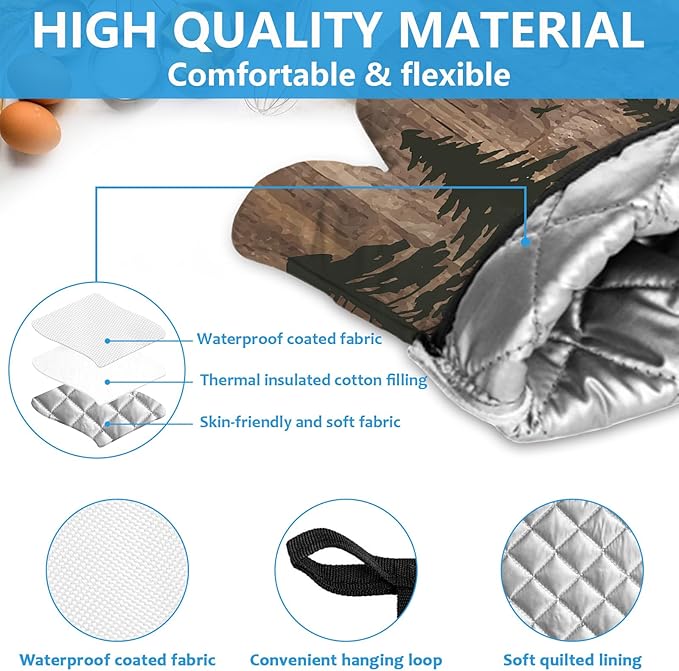 Deer Forest Wood Grain Oven Mitts and Pot Holders Sets Heat Resistant 4Pcs Potholders Oven Gloves Hot Pads for Kitchen Baking Cooking Grilling BBQ