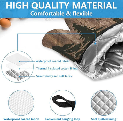 Deer Forest Wood Grain Oven Mitts and Pot Holders Sets Heat Resistant 4Pcs Potholders Oven Gloves Hot Pads for Kitchen Baking Cooking Grilling BBQ