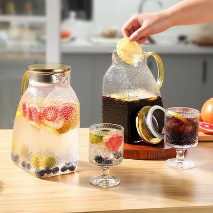 2 Pack Glass Pitcher with Lid and Handle, 1.8 Liter 60 oz Water Jugs for Fridge, Iced Tea Pitcher, Juice Carafe, Milk, Coffee, Hot/Cold Beverage Container（With Mixing Spoon and Cup Brush）