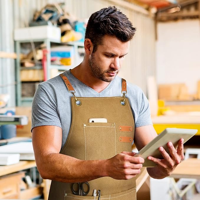 OUNLEN Chef Apron for Men Women Canvas Aprons with 3 Pockets Cross Back Resistant Work Apron for Cooking - Image 5