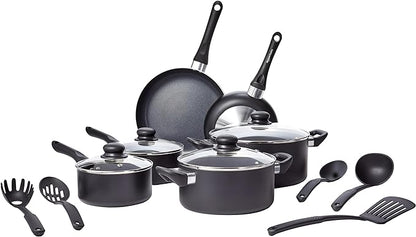 Amazon Basics Non-Stick Kitchen Cookware 15-Piece Set with Stay-Cool Handles, Even Heating, Non-Induction, Includes Pots, Pans, and Utensils, Black by AmazonBasics