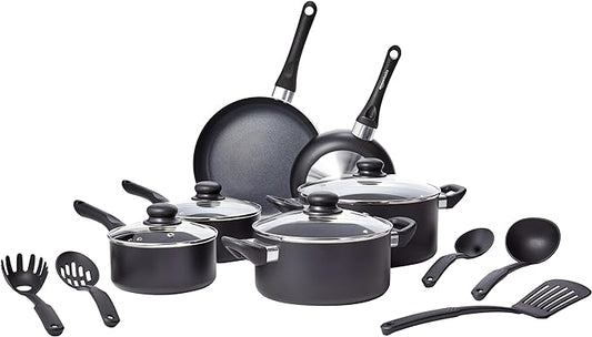 Amazon Basics Non-Stick Kitchen Cookware 15-Piece Set with Stay-Cool Handles, Even Heating, Non-Induction, Includes Pots, Pans, and Utensils, Black by AmazonBasics