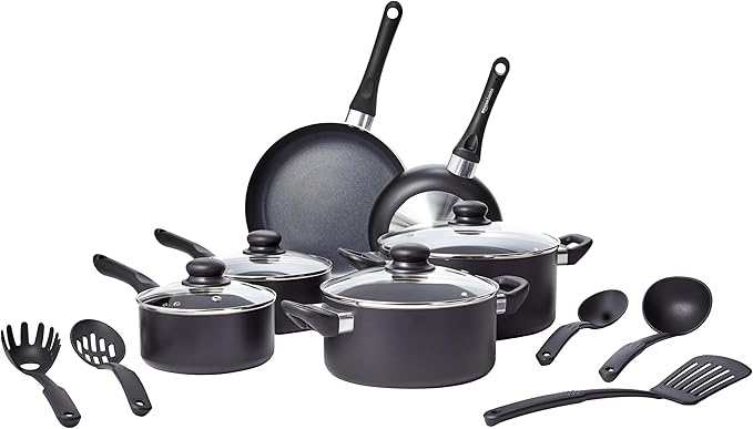 Amazon Basics Ceramic Non-Stick Cookware 15-Piece Set, Pots, Pans and Utensils, Black by AmazonBasics