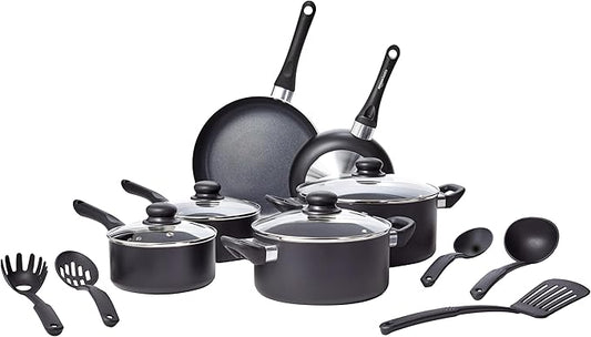 Amazon Basics Ceramic Non-Stick Cookware 15-Piece Set, Pots, Pans and Utensils, Black by AmazonBasics