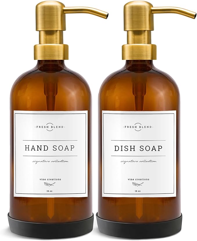 Vine Creations Amber Glass Soap Dispenser, 2 Pack Kitchen Soap Dispenser Set with Stainless Steel Pump, 16 oz Dish Soap and Hand Soap Dispensers for Bathroom with Waterproof Labels by VineCreations