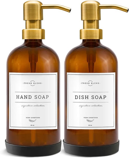 Vine Creations Amber Glass Soap Dispenser, 2 Pack Kitchen Soap Dispenser Set with Stainless Steel Pump, 16 oz Dish Soap and Hand Soap Dispensers for Bathroom with Waterproof Labels by VineCreations