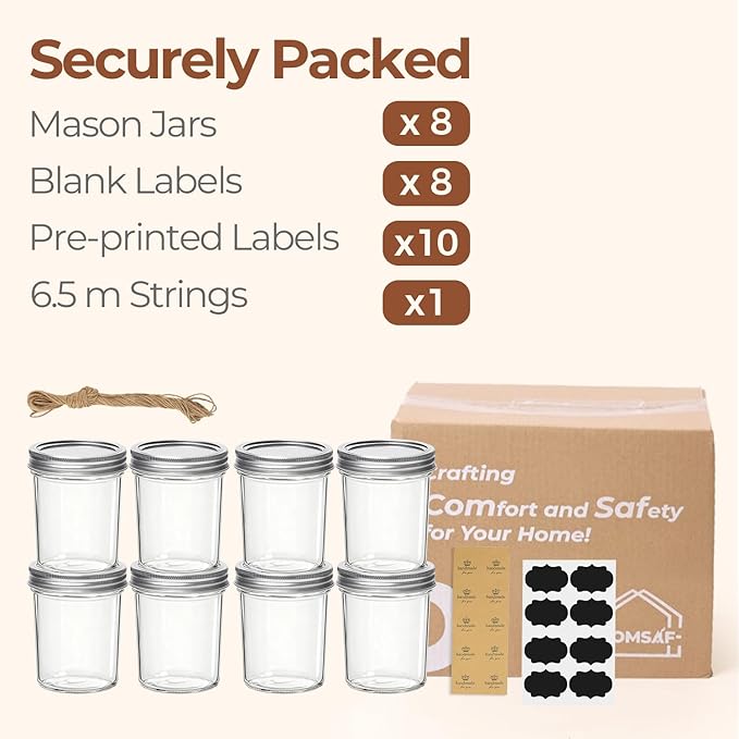 ComSaf Wide Mouth Mason Jars 16oz - 8 Pack, Pint Mason Jars with Lids and Seal Bands, Glass Canning Jars for Pickling, Jam, Jelly, Honey, Salad, Desert, Shower Wedding Favors, DIY Candles Decor - Image 8