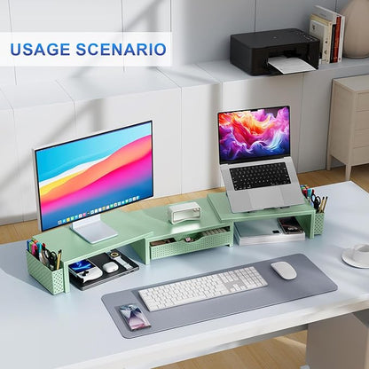 gianotter Dual Monitor Stand Riser, Desk Organizer With Drawer and 2 Pen Holders, Computer Monitor Stand, Desk Shelf for Top of Desk (Sage Green)