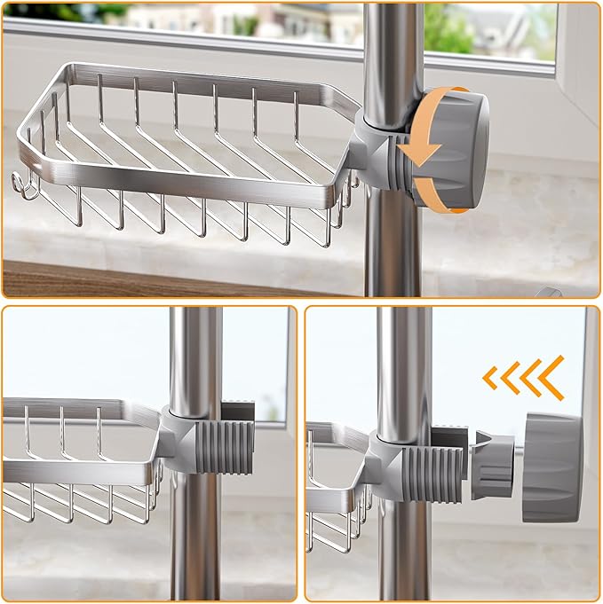 LONIN Stainless Steel Kitchen Sink Organizer Caddy – Over Faucet Sponge & Brush Holder, Rust-Resistant, Adjustable Universal Fit Faucet Rack, Quick Drain Sink Space Saver - Image 4