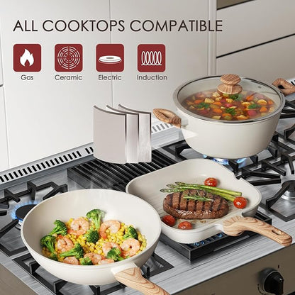 Kikcoin Pots and Pans Set Non Stick 31 Piece Kitchen Nonstick Cooking Cookware Sets with Grill Pan Saucepan Baking Sheet Utensil, Cream White - Image 4